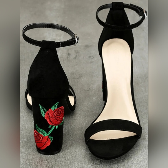 Lulus Black Suede Ankle Strap Heels Size 6.5 - Picture 3 of 4